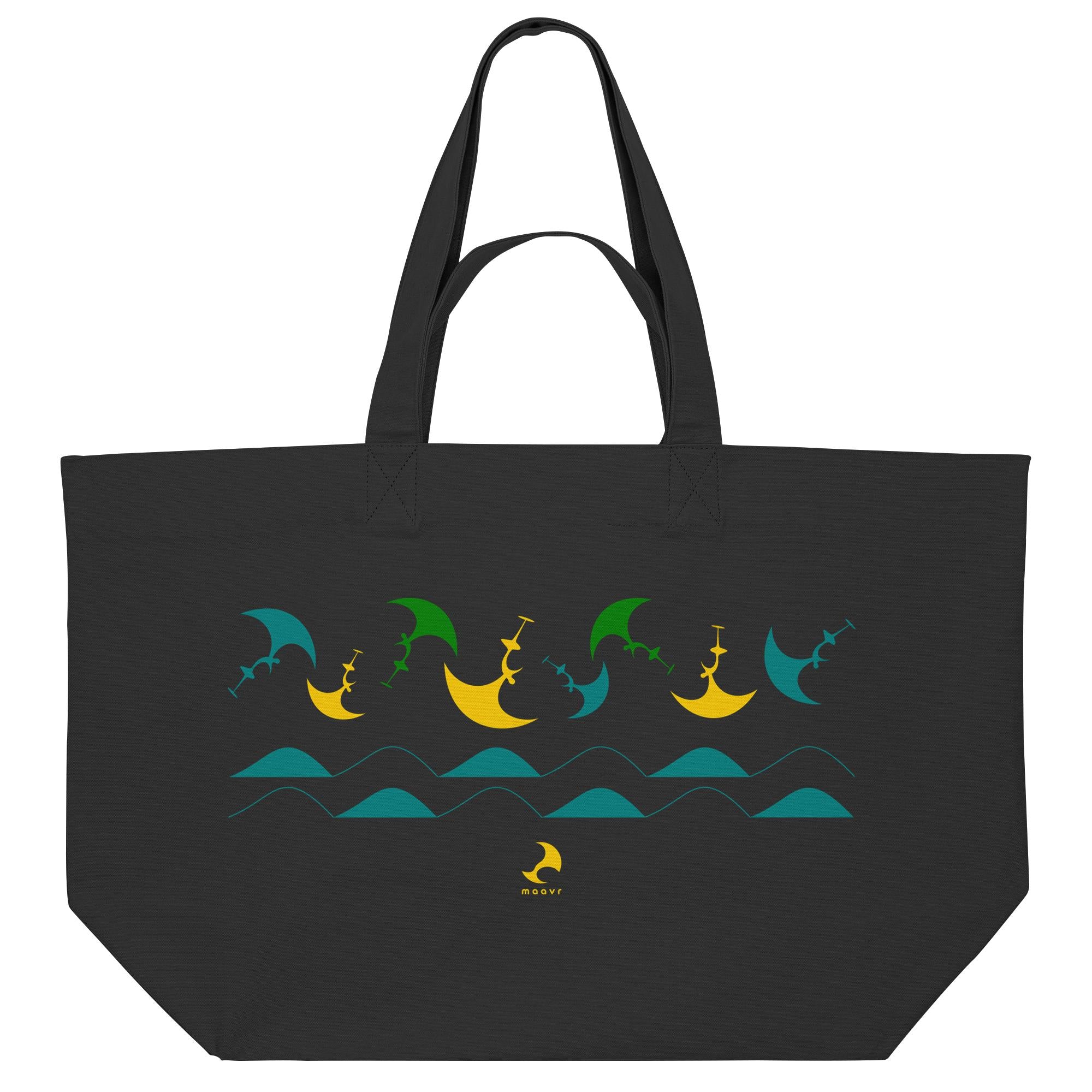 Schwarze Beach Bag mit buntem Wingfoil-Design und langen Tragehenkeln