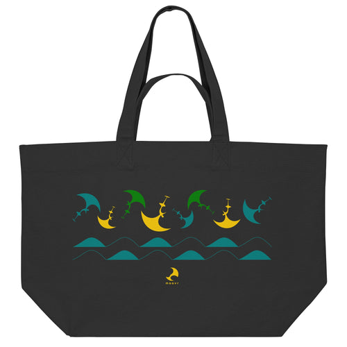 Schwarze Beach Bag mit buntem Wingfoil-Design und langen Tragehenkeln