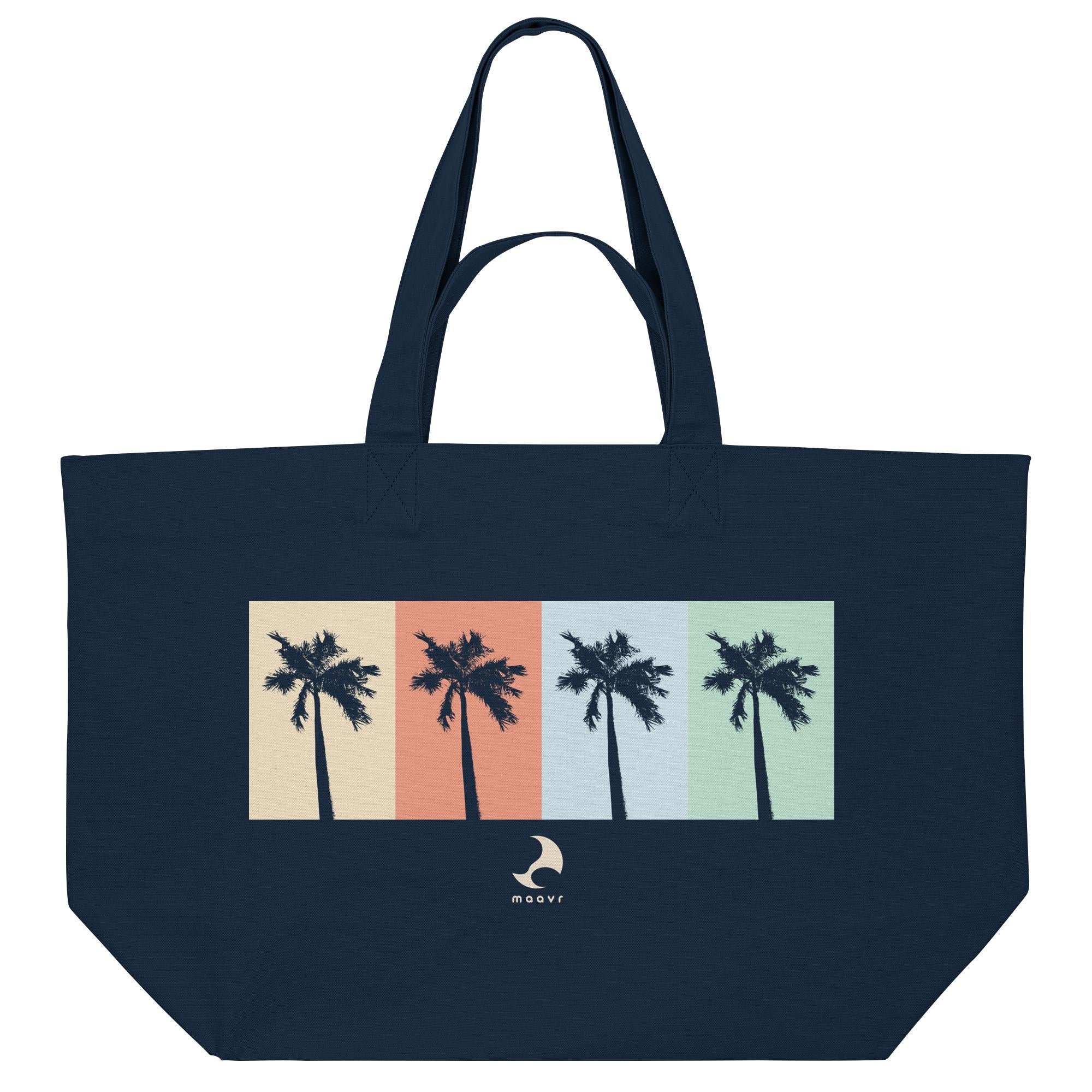 Blaue Beach Bag aus Baumwolle mit Retro-Palmenmotiv – große sommerliche Shopping Bag für Strand und Alltag
