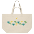 Große Strandtasche aus naturfarbenem Stoff mit farbigen Palmenmotiven in Gelb, Grün und Türkis