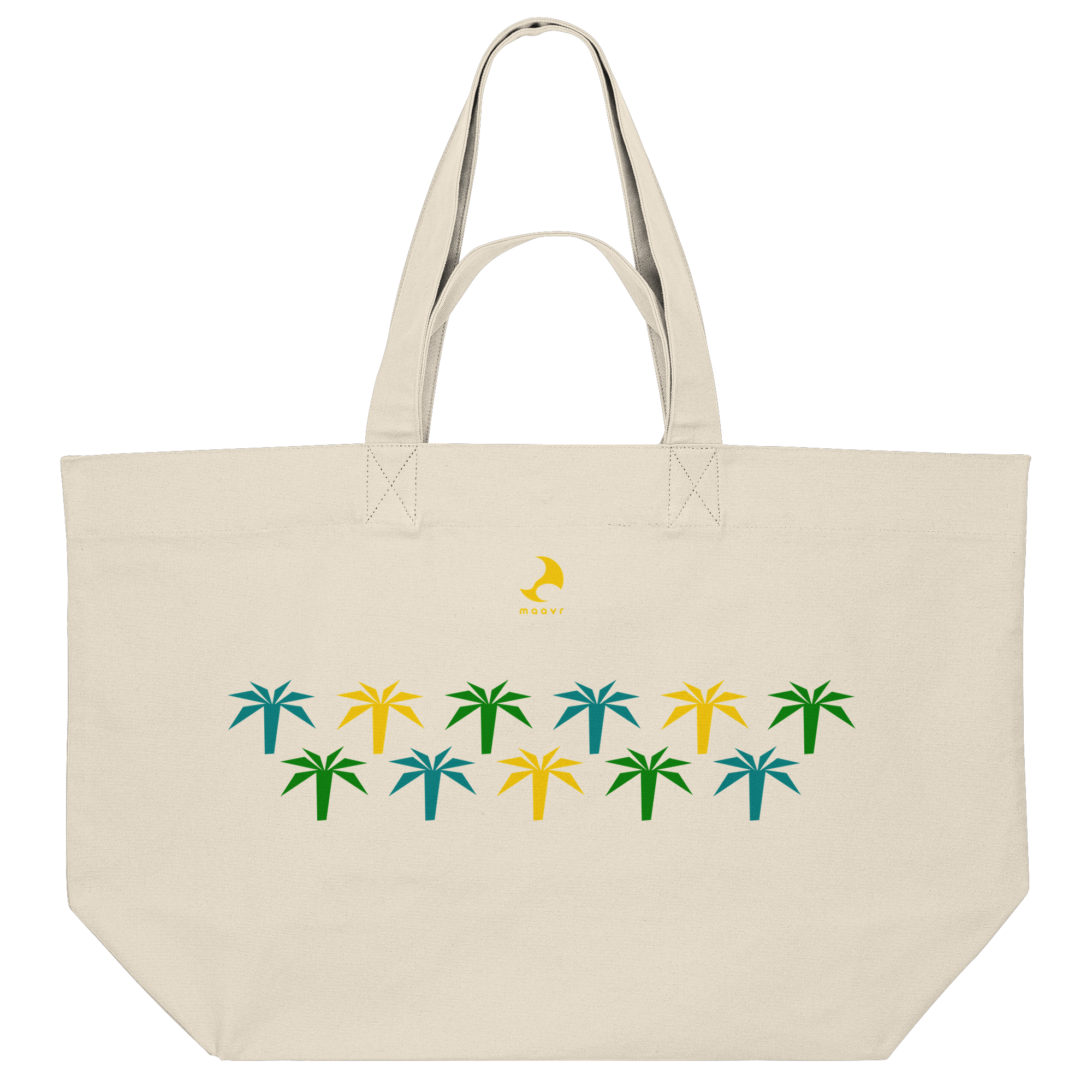 Große Strandtasche aus naturfarbenem Stoff mit farbigen Palmenmotiven in Gelb, Grün und Türkis