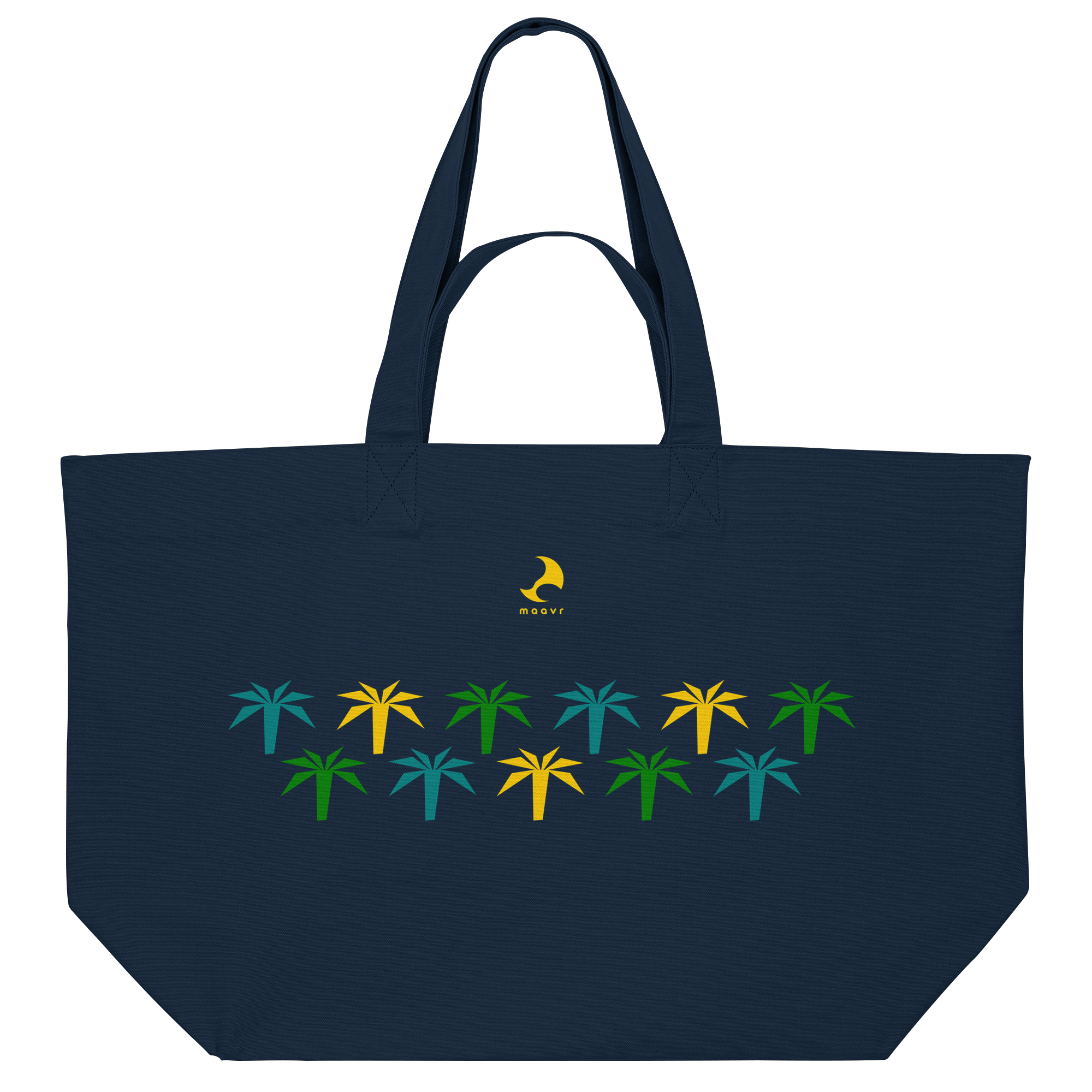 Große Strandtasche aus Stoff mit farbigen Palmenmotiven in Gelb, Grün und Türkis