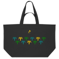Große Strandtasche aus schwarzem Stoff mit farbigen Palmenmotiven in Gelb, Grün und Türkis