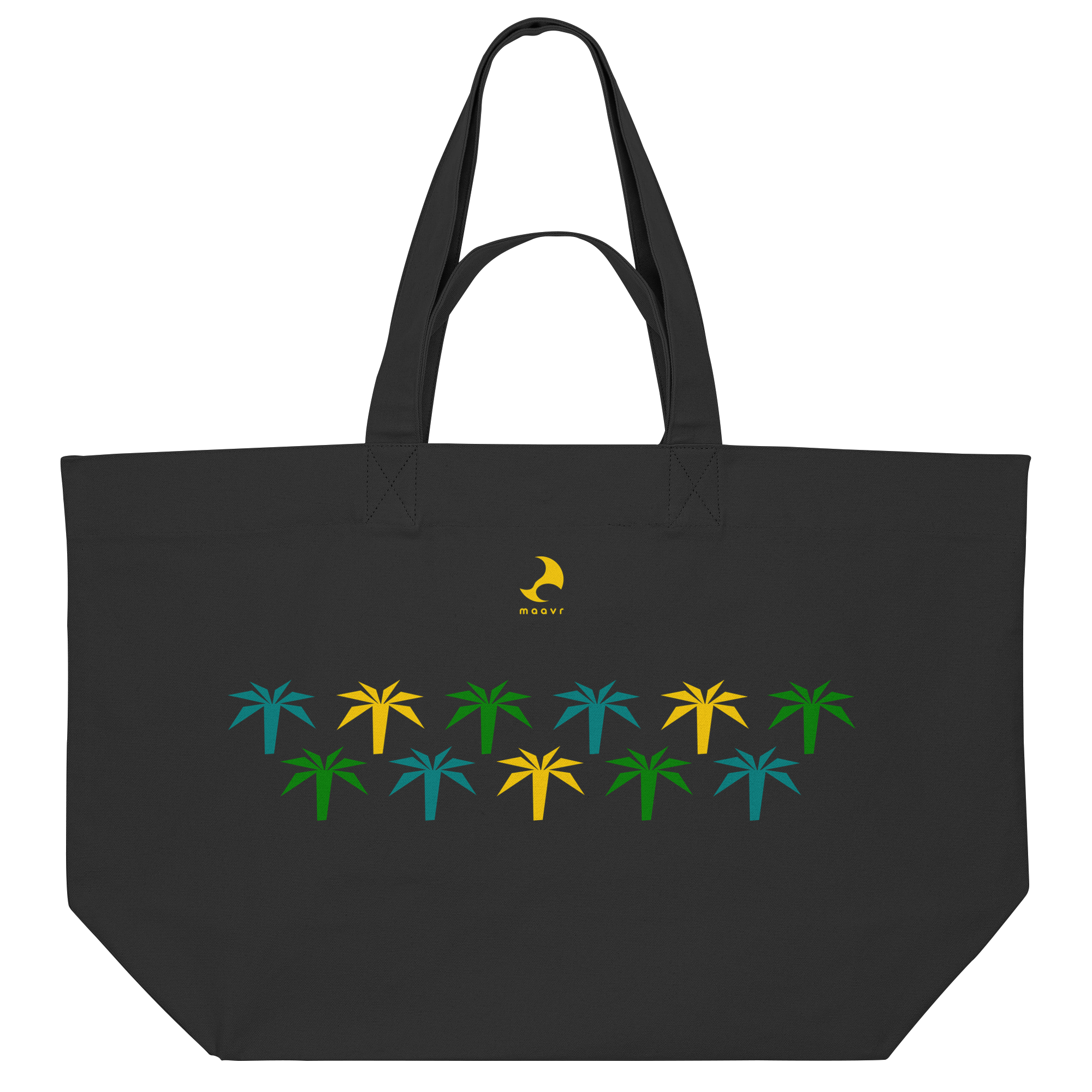 Große Strandtasche aus schwarzem Stoff mit farbigen Palmenmotiven in Gelb, Grün und Türkis