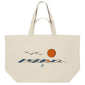 Maritime Strandtasche mit Küstenmotiv, Sonne, Wellen und Seevögeln