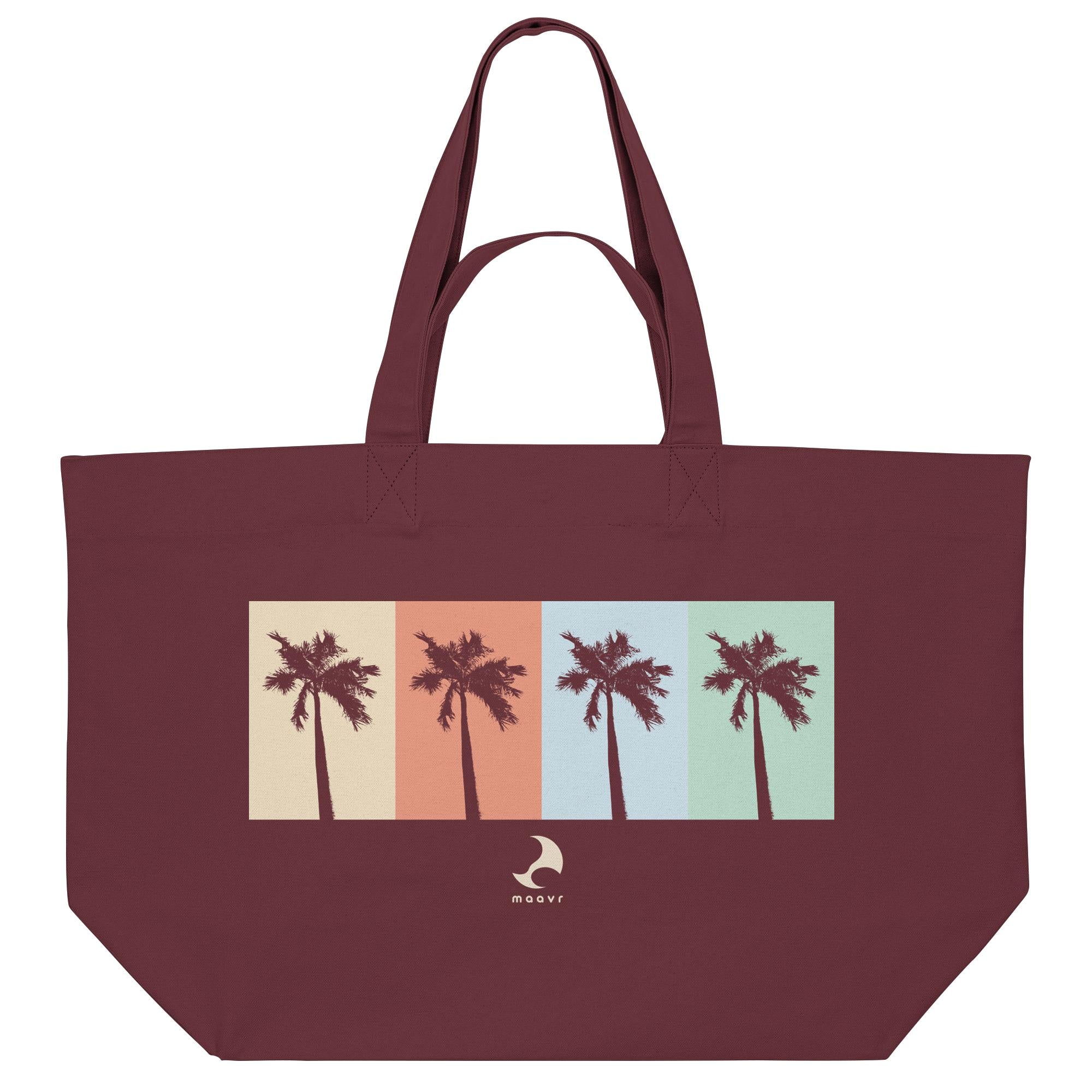 Bordeauxfarbene Beach Bag von maavr aus Baumwolle mit Retro-Palmenmotiv – große sommerliche Shopping Bag für Strand und Alltag
