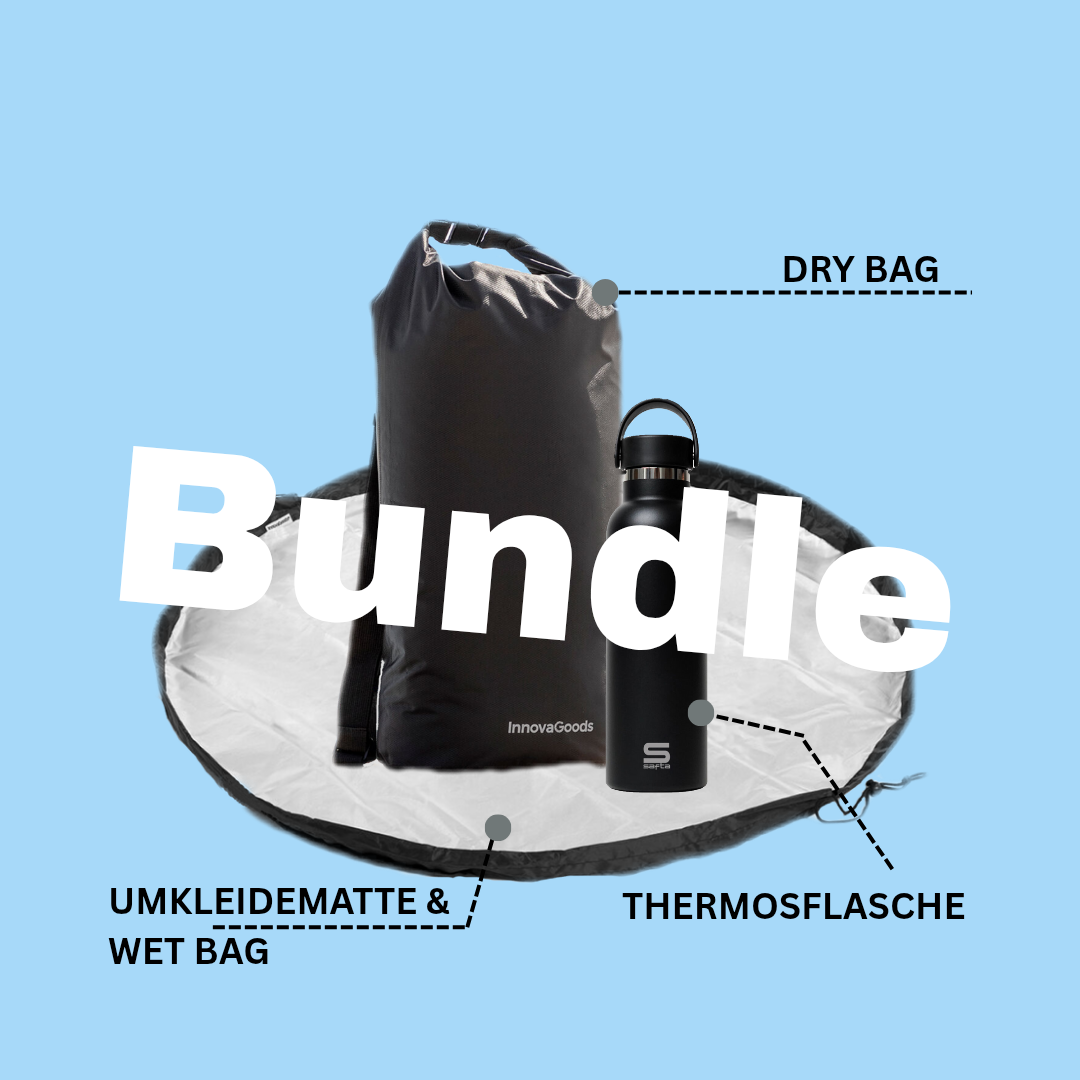 Produktzusammenstellung (Umkleidematte, Drybag und Thermosflasche) - Bundleangebot für kompakte Strandprodukte im Maavr-Shop