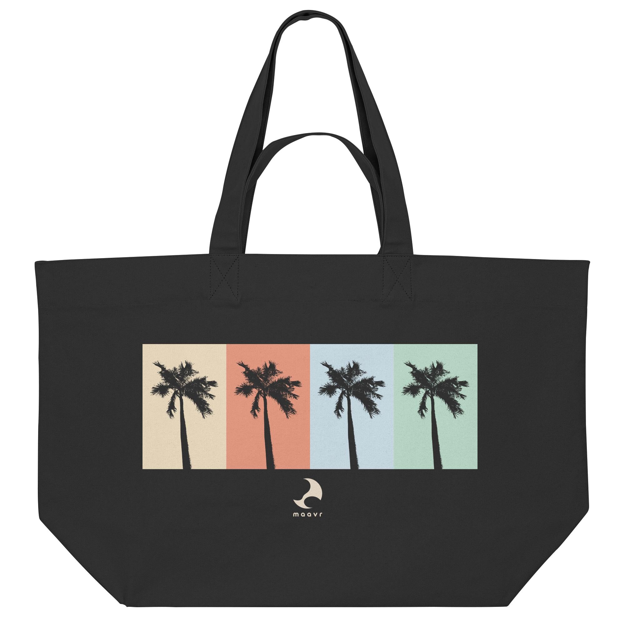 Schwarze Beach Bag von maavr 
aus Baumwolle mit Retro-Palmenmotiv – große sommerliche Shopping Bag für Strand und Alltag
