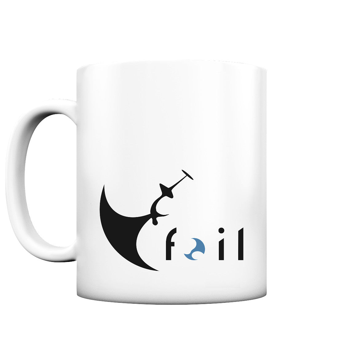 Weiße Matte Keramiktasse  mit Wingfoilmotiv und "Foil"-Sogan 