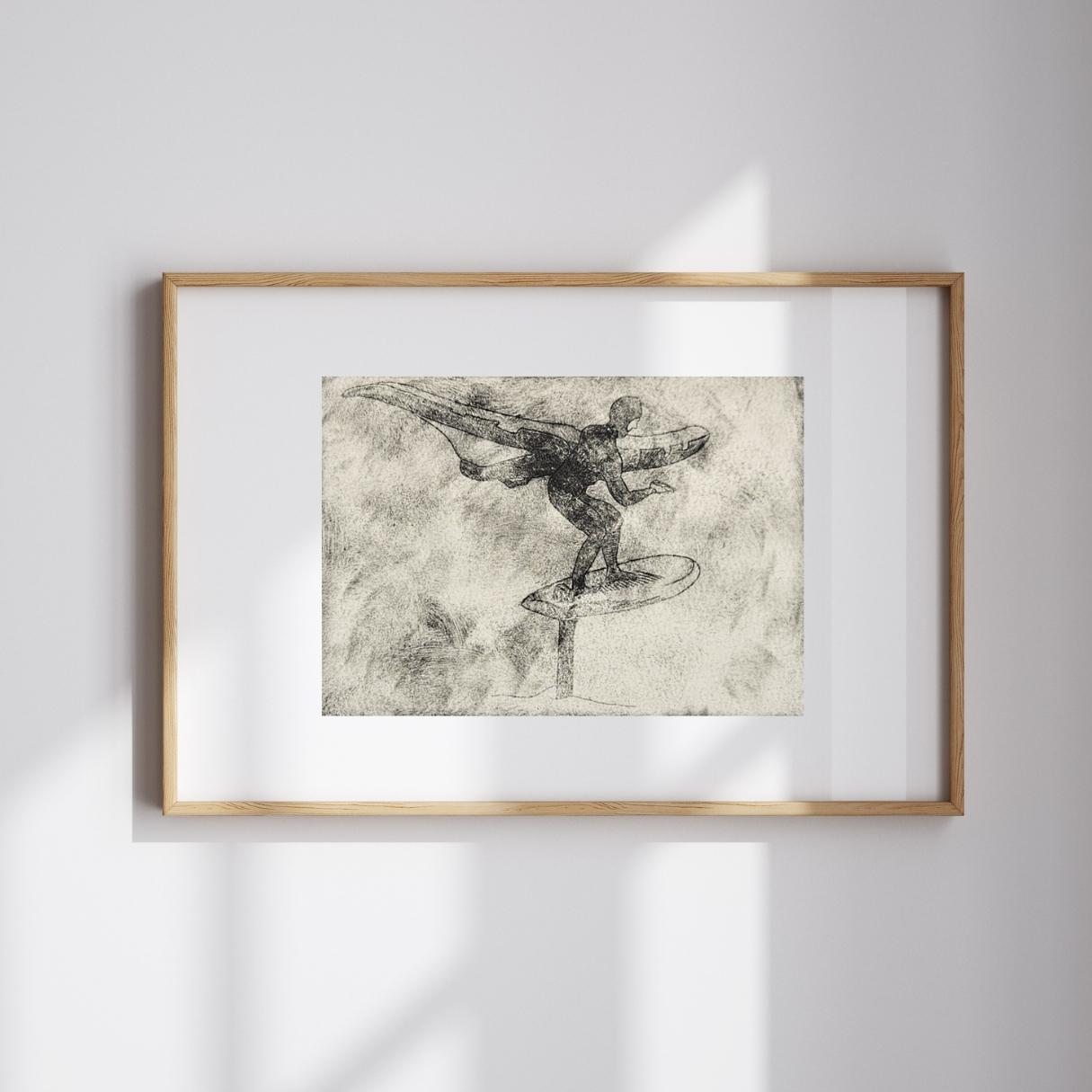 Druck einer Kaltnadelradierung mit Wingfoil-Motiv in weißem Holzrahmen an der Wand