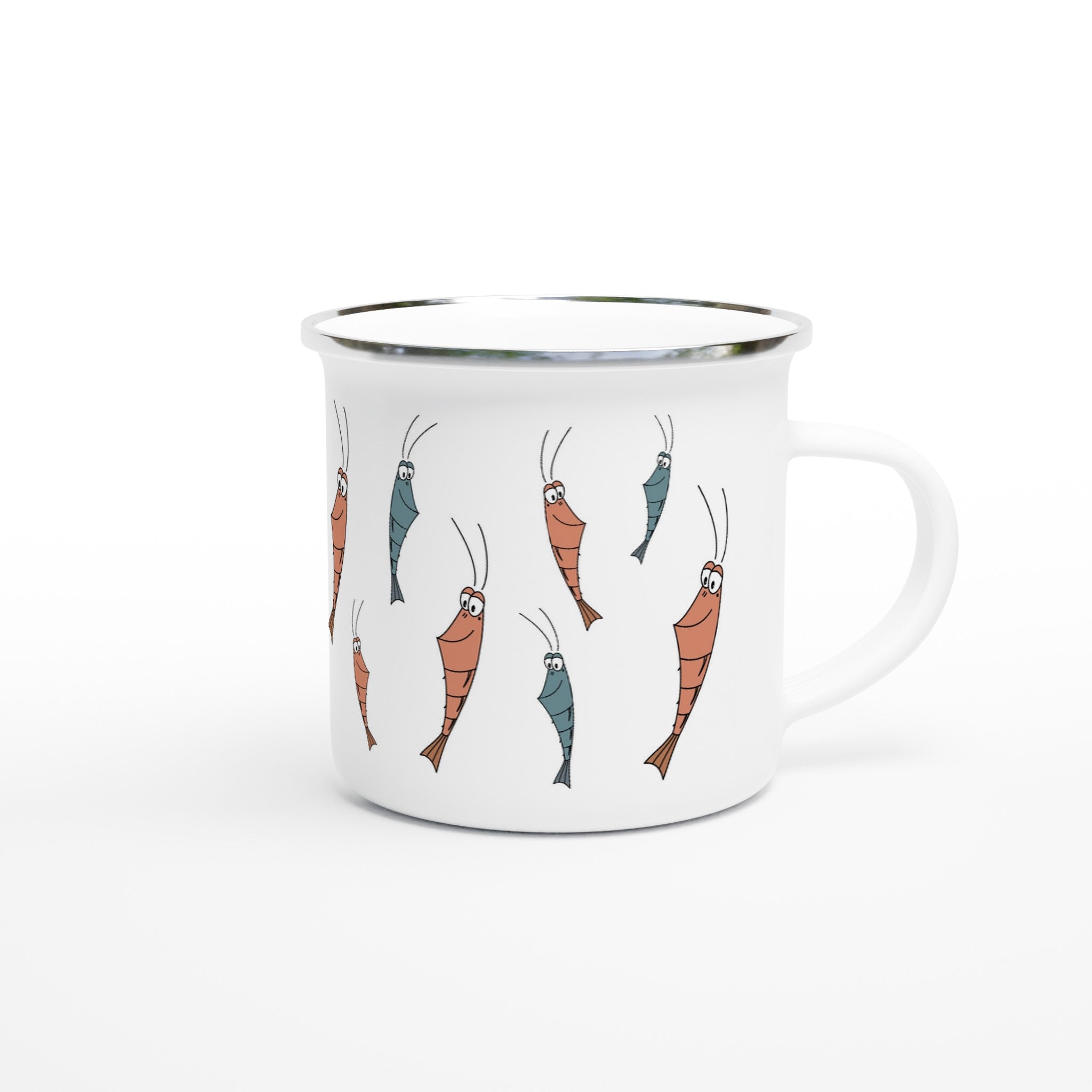 Emaille Campingtasse mit Garnelen Motiv im maritimen Design