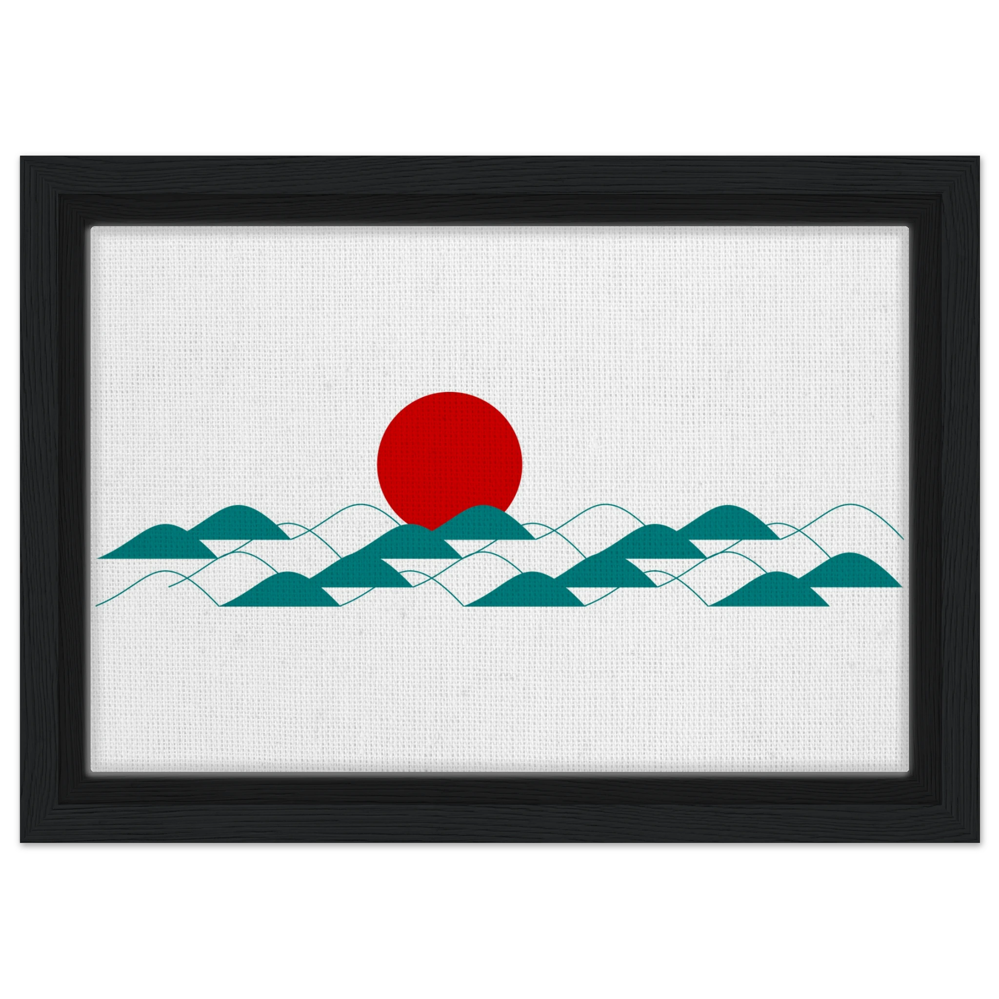 Gerahmtes Wandbild mit stilisierten Wellen und roter Sonne im schwarzen Rahmen