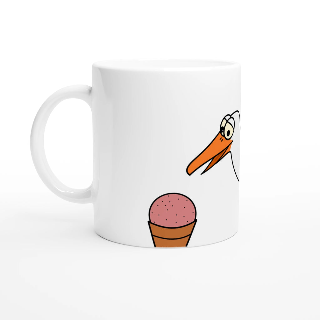 Weiße Keramiktasse mit Cartoon-Möwe und Waffeleis