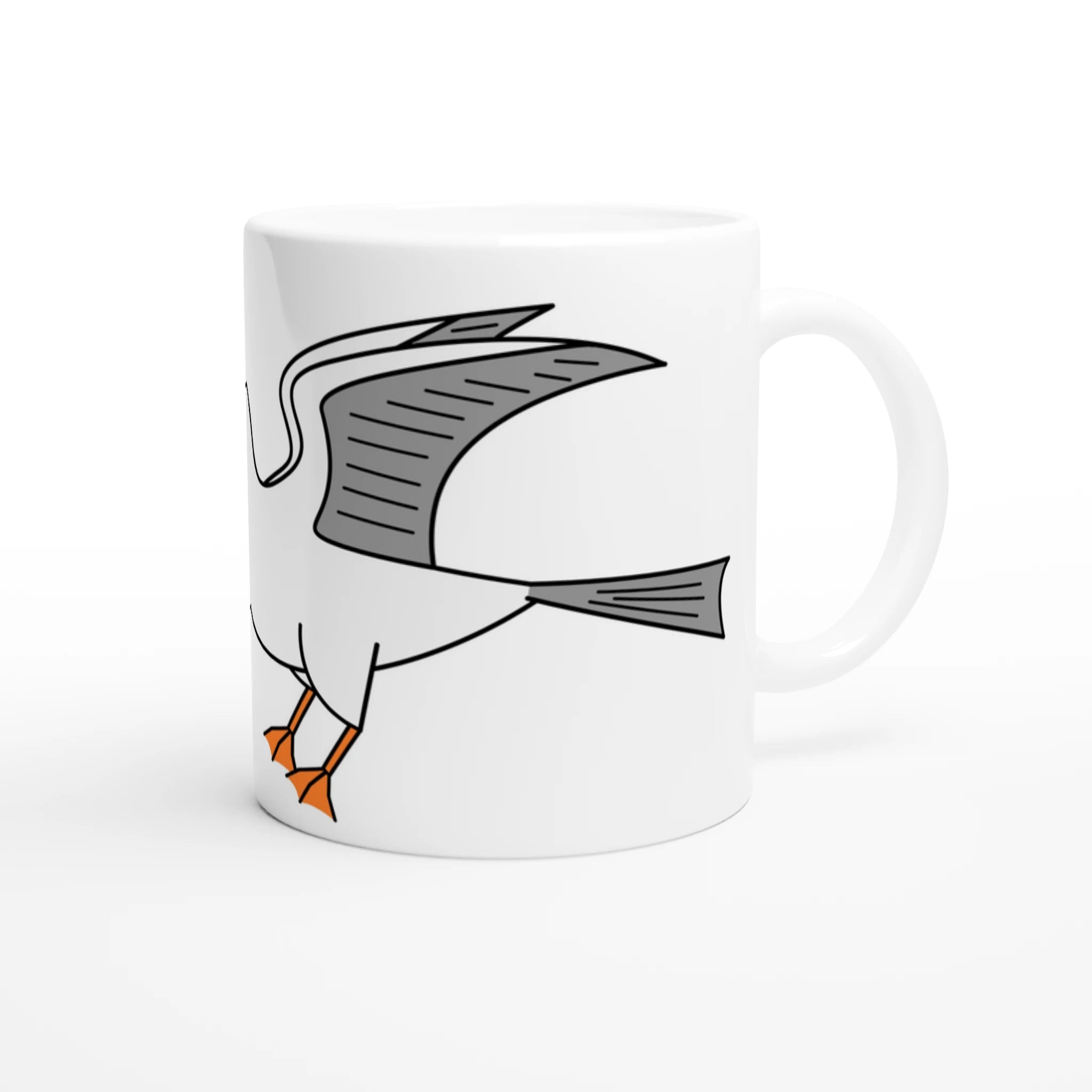 Tasse mit gezeichneter Möwe und Eis, maritimes Cartoon-Motiv