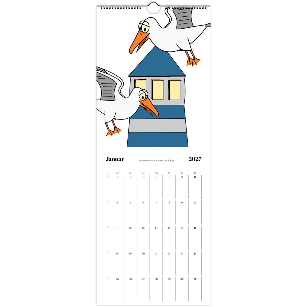 Kalenderseite Januar 2027 mit Cartoon-Möwen und Leuchtturm