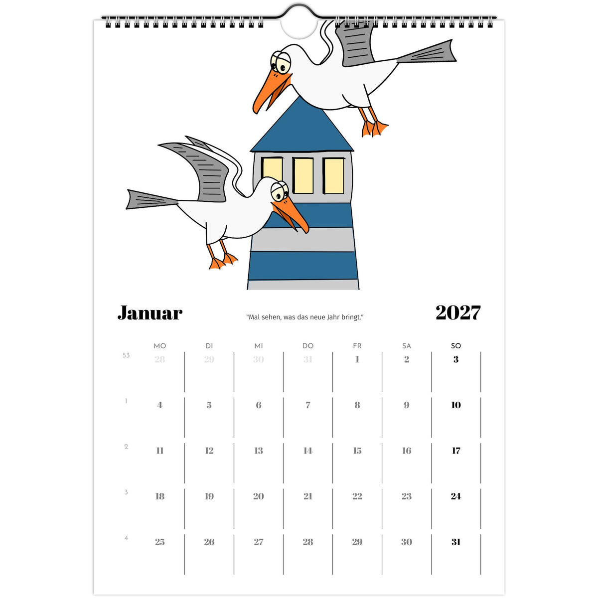 Kalenderseite Januar 2027 mit Cartoon-Möwen und Leuchtturm