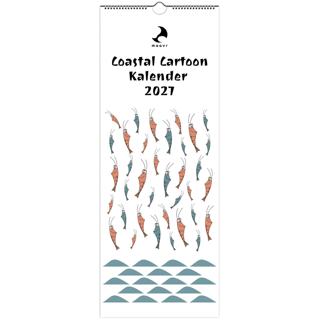 Cover des Wandkalenders 2027 mit Cartoon-Küstenbewohnern, Garnelen und stilisiertem Wellenmuster