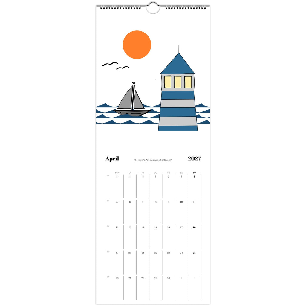 Kalenderseite Januar 2027 mit Cartoon-Segelboot und Leuchtturm 