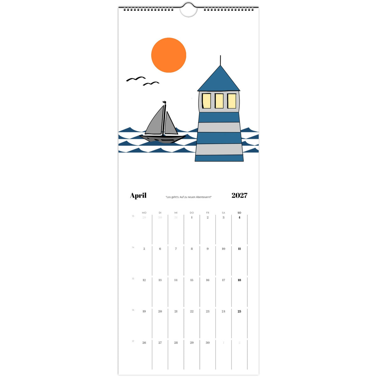Kalenderseite Januar 2027 mit Cartoon-Segelboot und Leuchtturm 