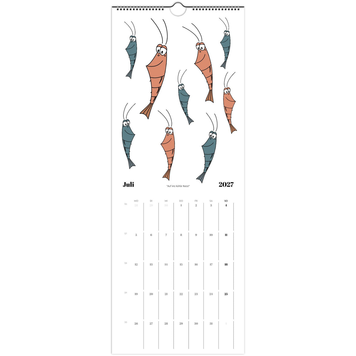 Kalenderseite Januar 2027 mit Cartoon-Shrimps 