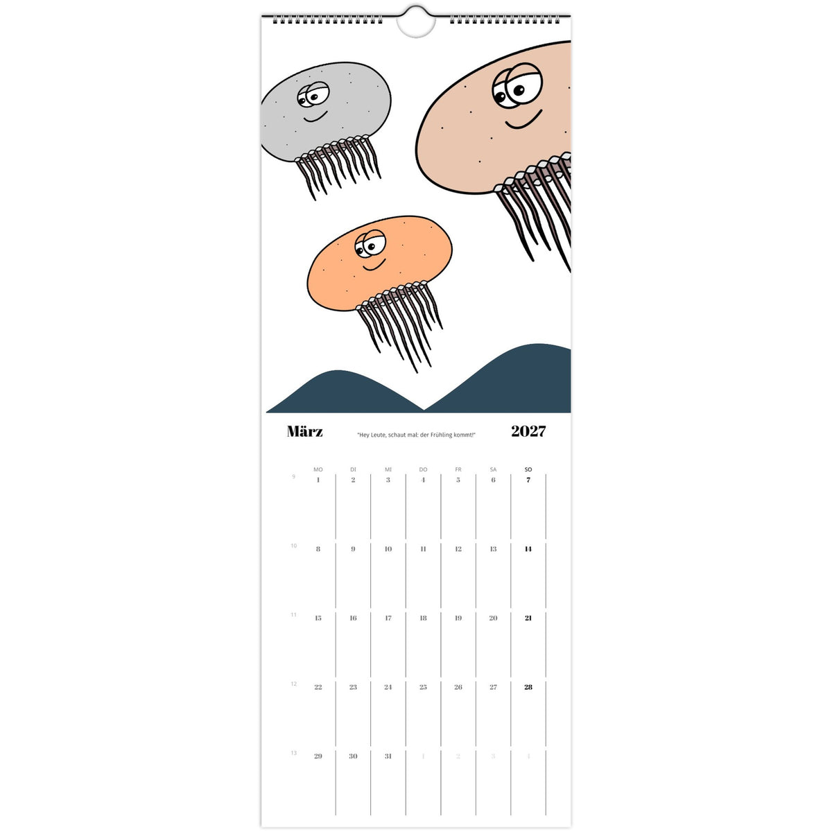 Kalenderseite Januar 2027 mit Cartoon-Quallen