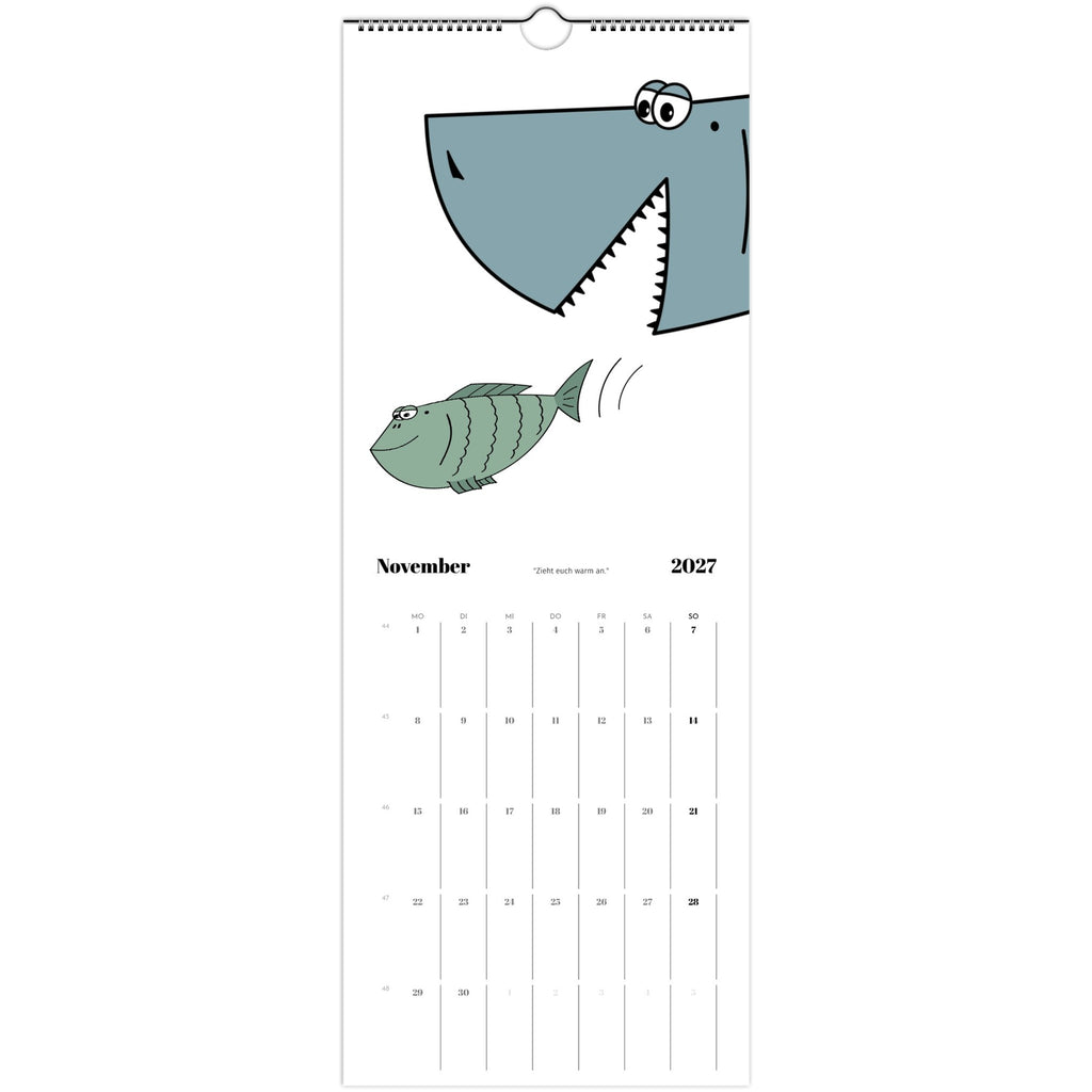 Kalenderseite Januar 2027 mit Cartoon-Hai und Fisch