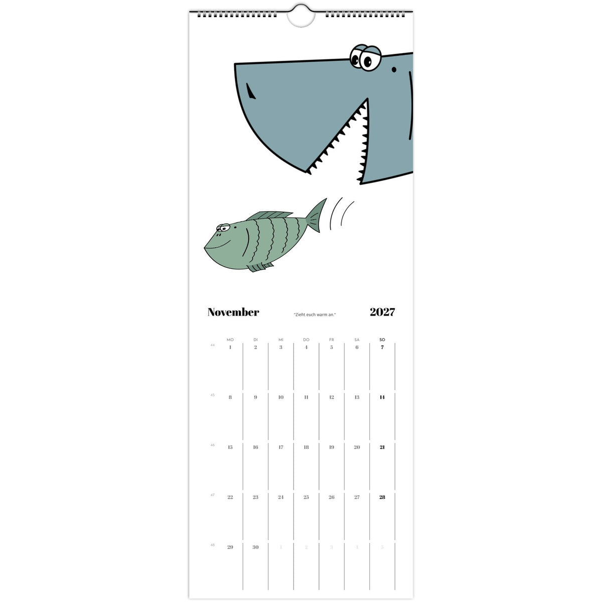Kalenderseite Januar 2027 mit Cartoon-Hai und Fisch