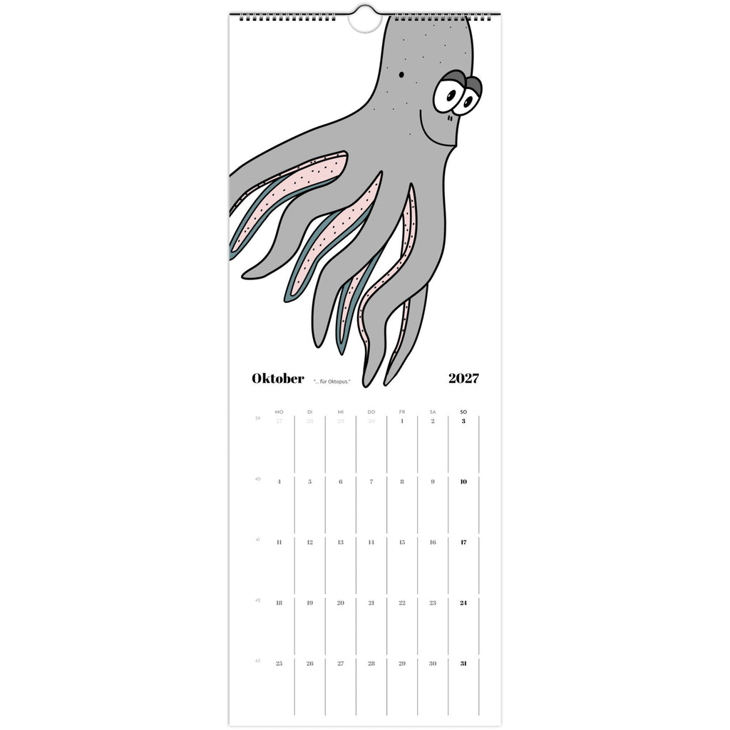 Kalenderseite Januar 2027 mit Cartoon-Oktopus