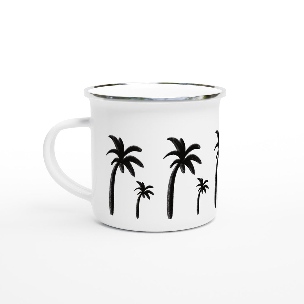 Weiße Emaille-Tasse mit silbernem Rand und einfachen, kleinen handgezeichneten Palmen