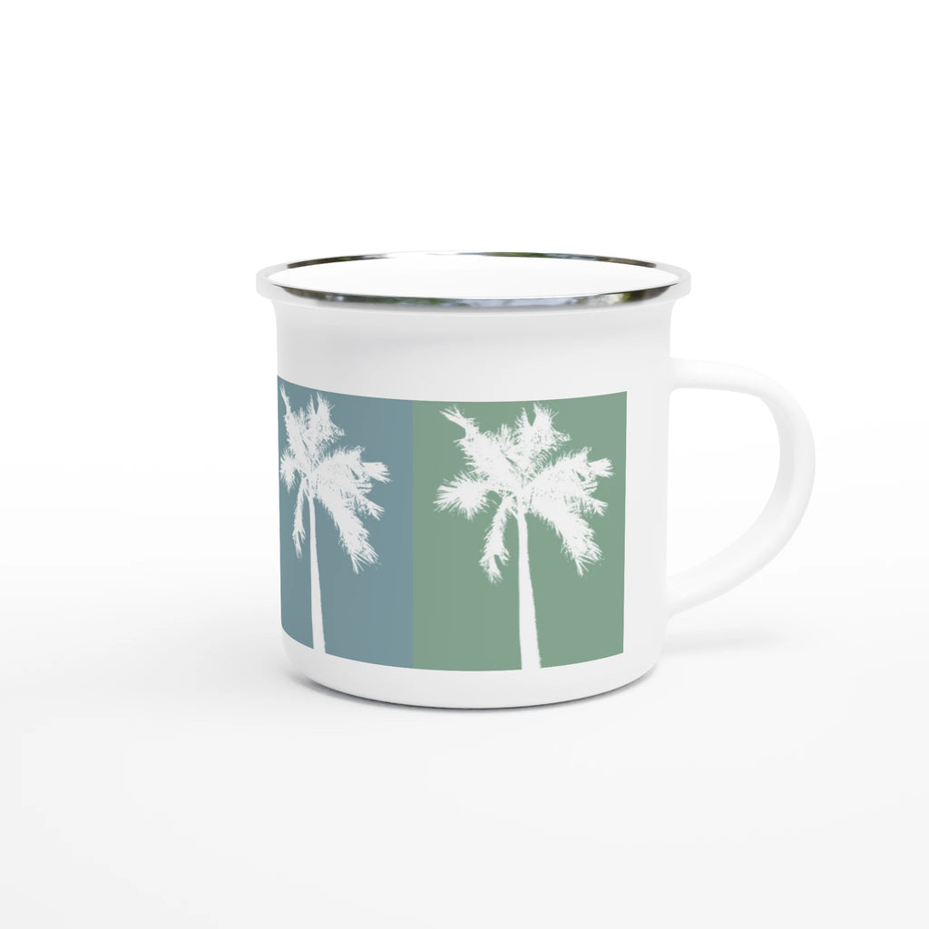 Weiße Emaille-Tasse mit Retro-Palmenmotiv in warmen Sommerfarben 