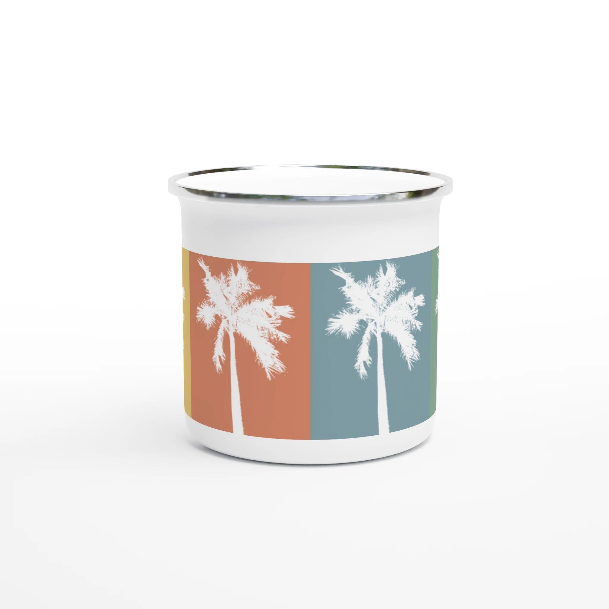 Weiße Emaille-Tasse mit Retro-Palmenmotiv in warmen Sommerfarben 