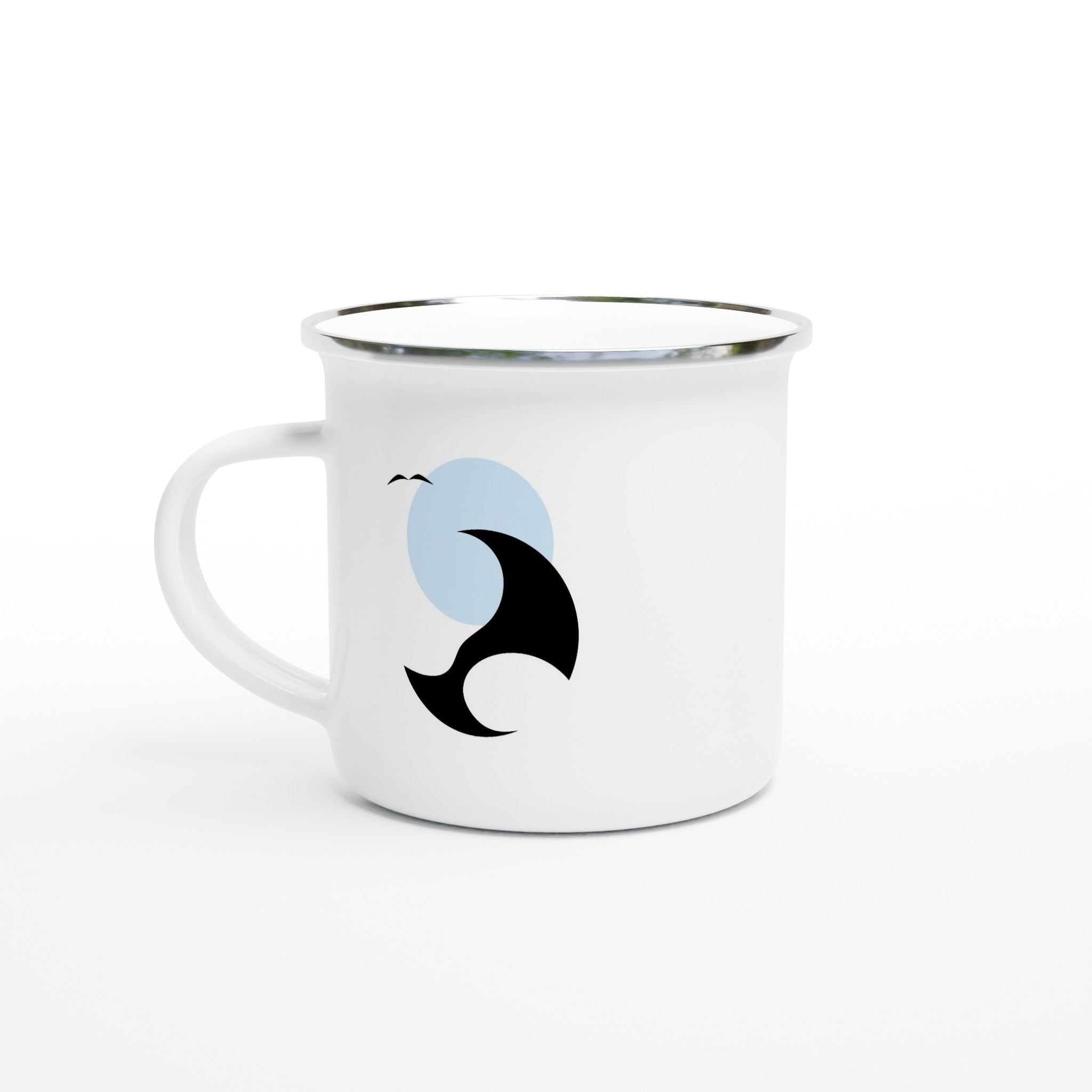 Weiße Emaille-Tasse mit silbernem Rand und minimalistischem Wingfoil-Motiv