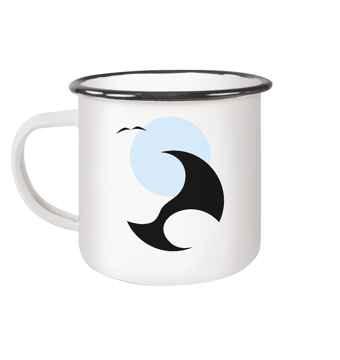 Weiße Emaille-Tasse mit schwarzem Rand und minimalisitischem Wingfoil-Motiv