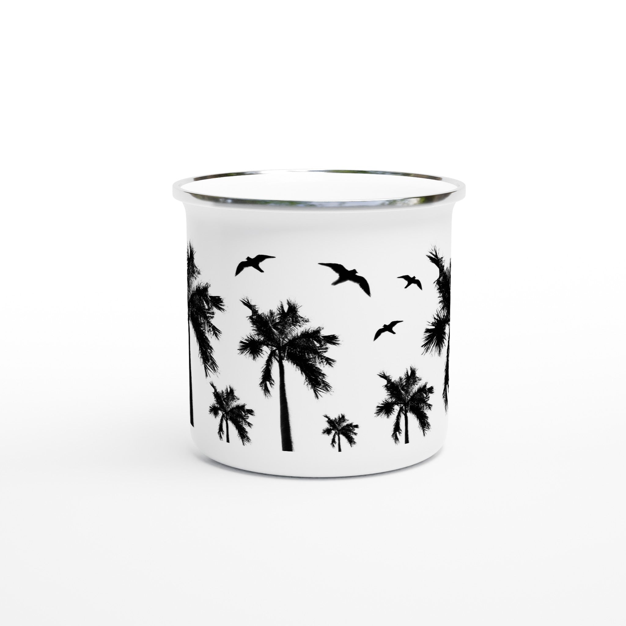 Weiße Emaille-Tasse mit silbernem Rand schwarzen Palmen-Motiven, und Vögeln 