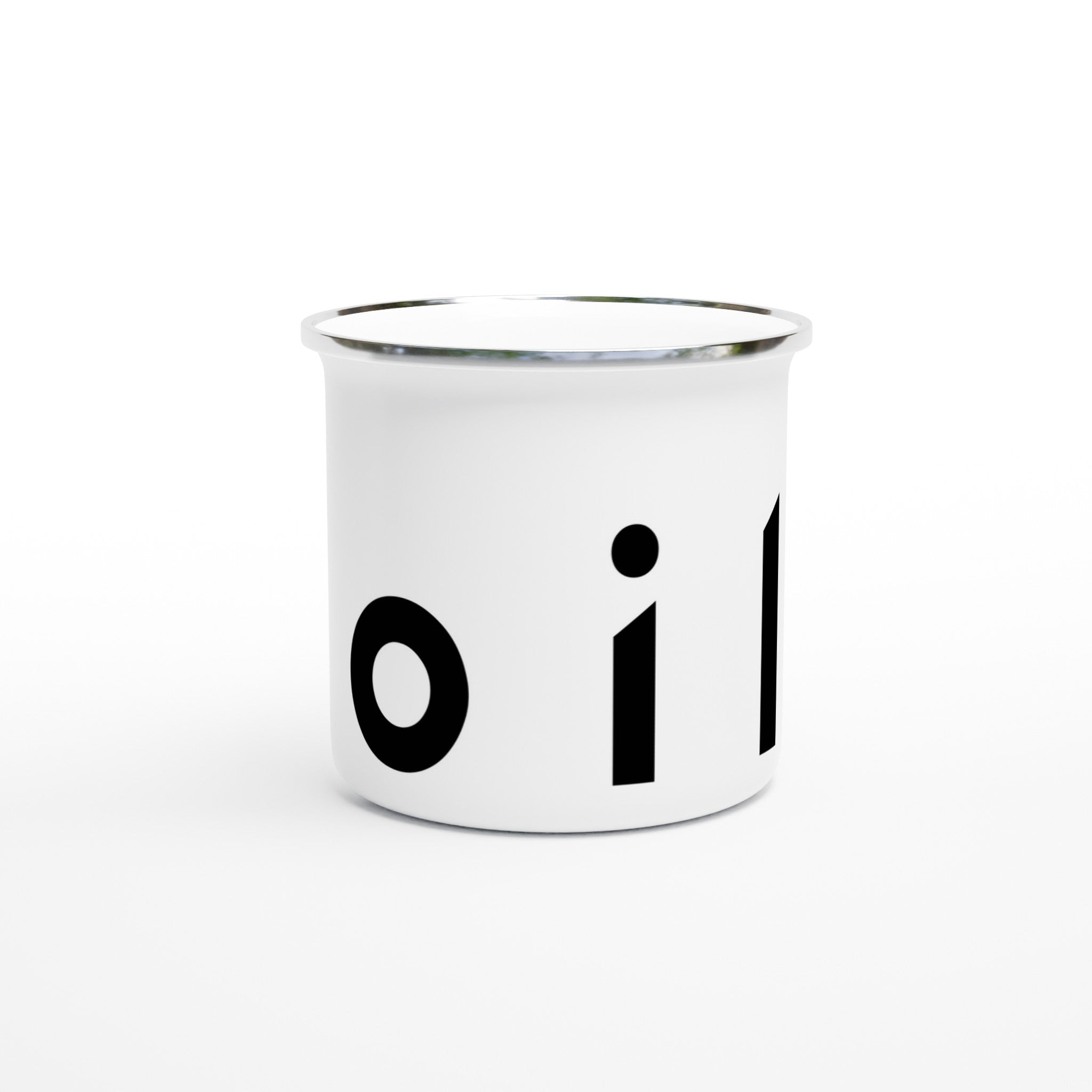 Weiße Emaille-Tasse mit silbernem Rand und großem "Foil"-Schriftzug