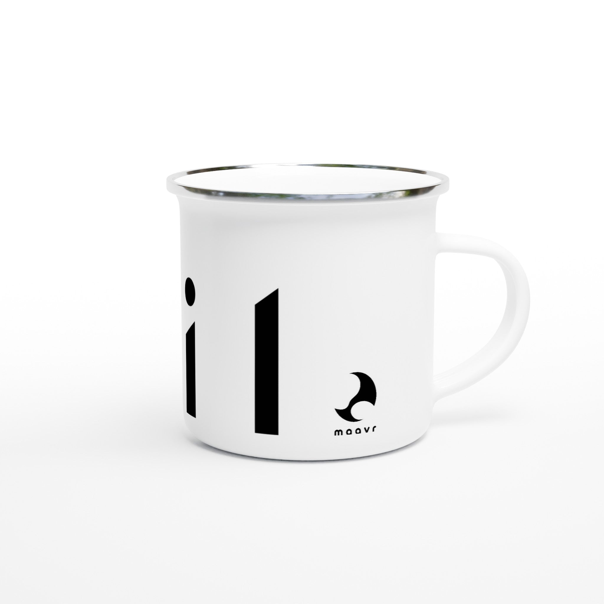 Weiße Emaille-Tasse mit silbernem Rand, großem "Foil"-Schriftzug und kleinem maavr-Logo