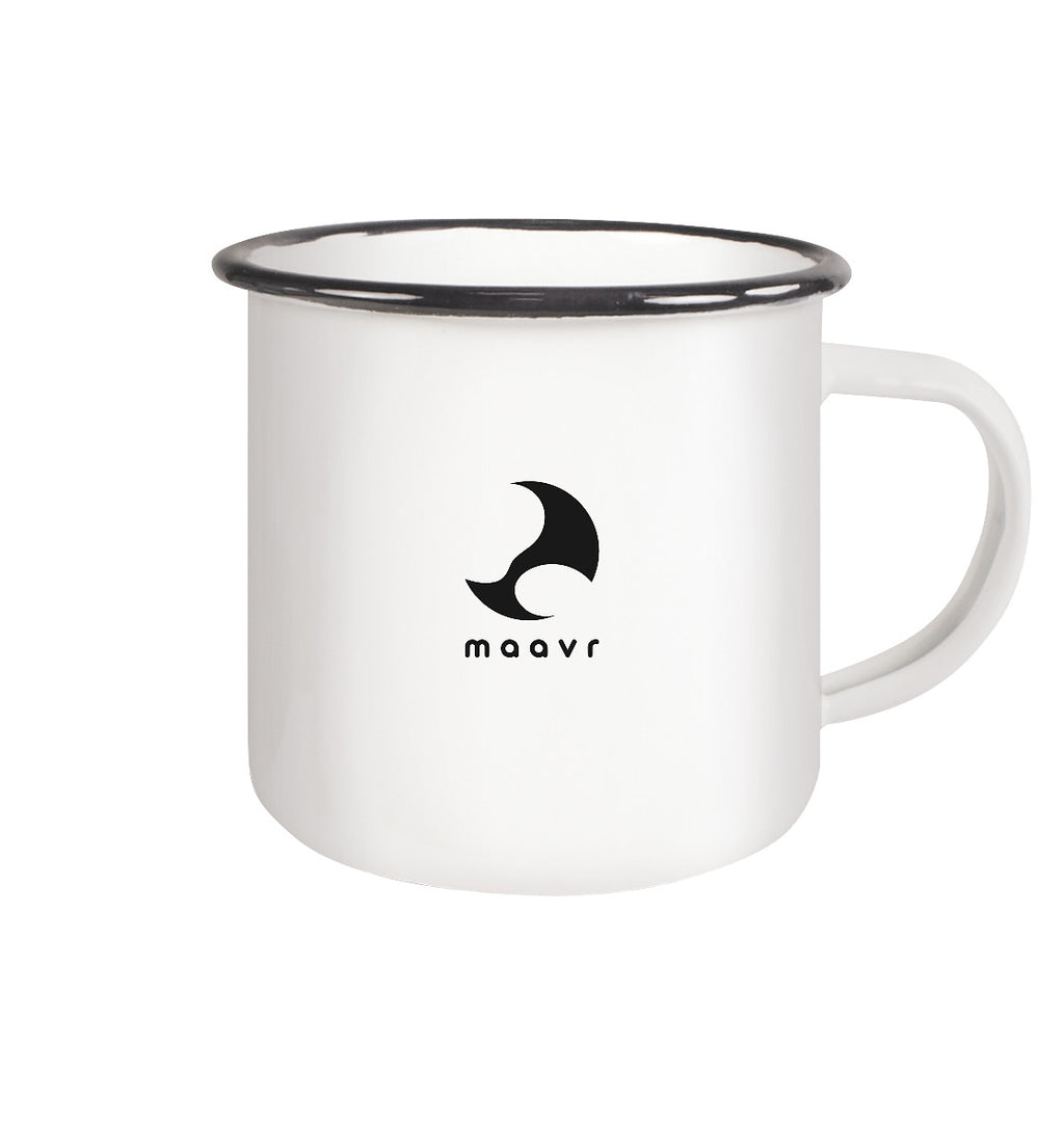 Emaille-Tasse mit schwarzem Rand und maavr Logo