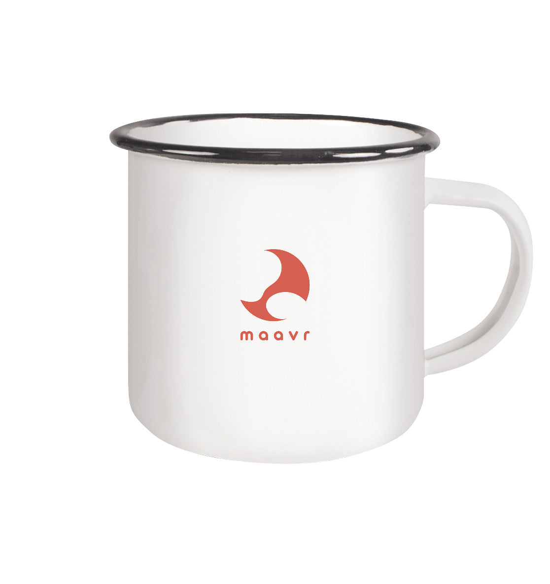 Emaille-Tasse mit schwarzem Rand und terrakotta-ocker maavr Logo