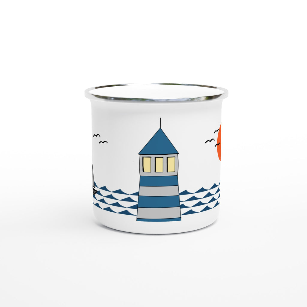 Emaille-Tasse mit blauem Leuchtturm und Wellen im Cartoon-Stil