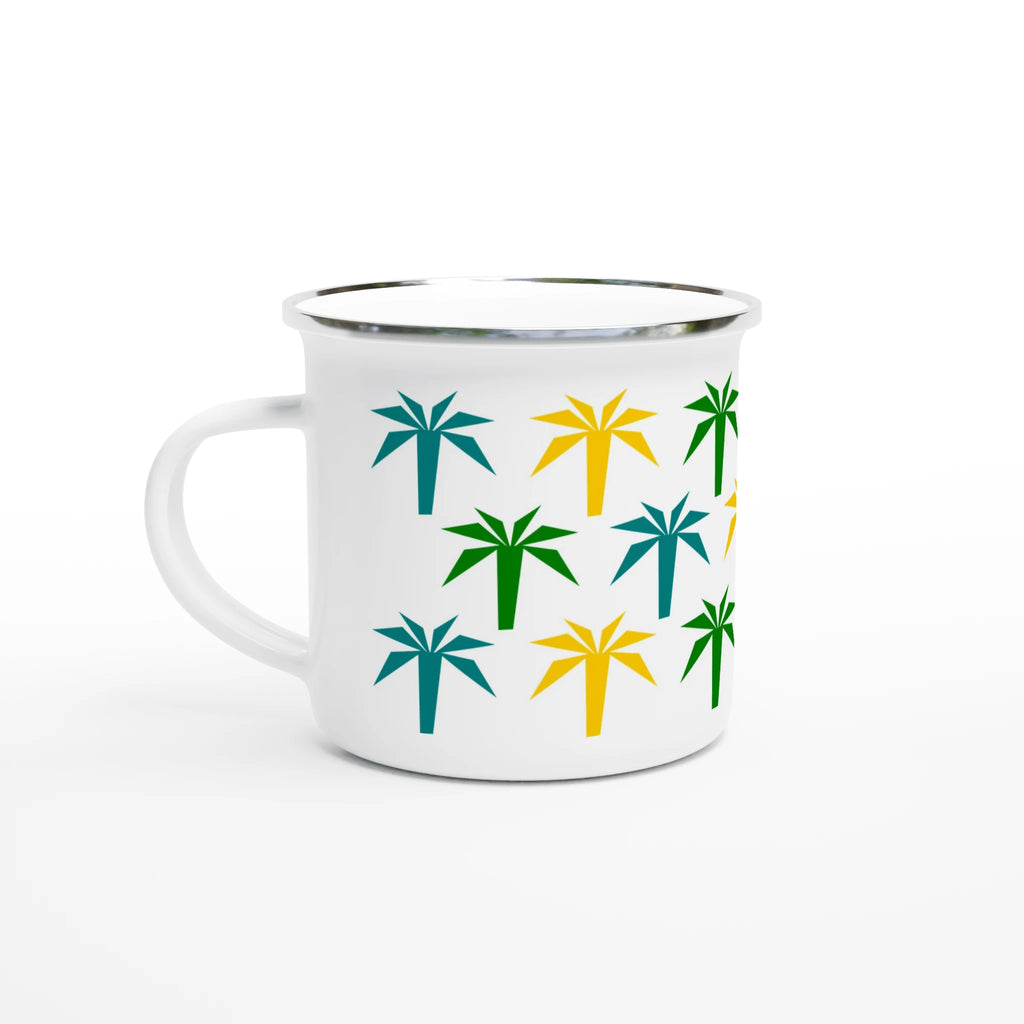 Weiße Emaille-Tasse mit buntem Palmenmuster und silbernem Rand