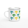 Weiße Emaille-Tasse mit buntem Palmenmuster und silbernem Rand