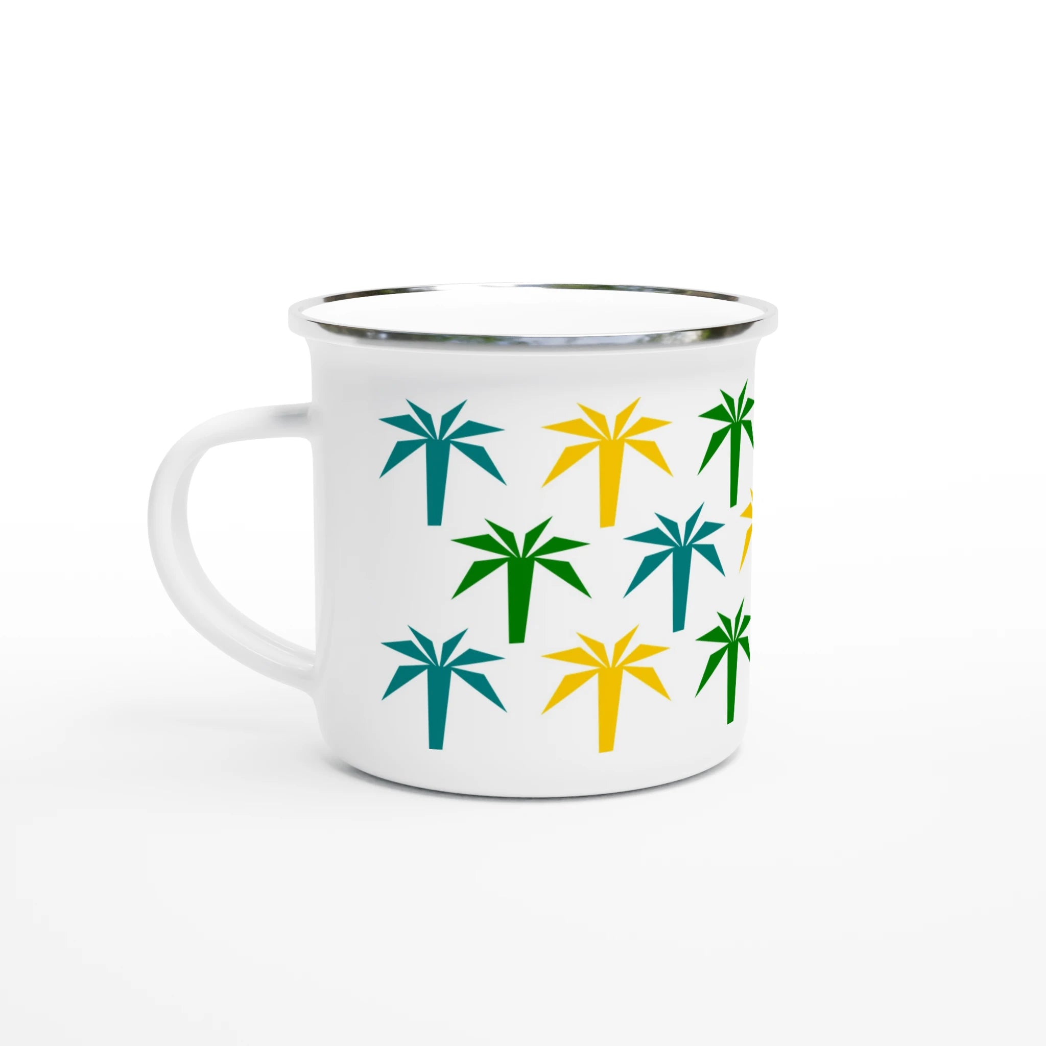 Weiße Emaille-Tasse mit buntem Palmenmuster und silbernem Rand