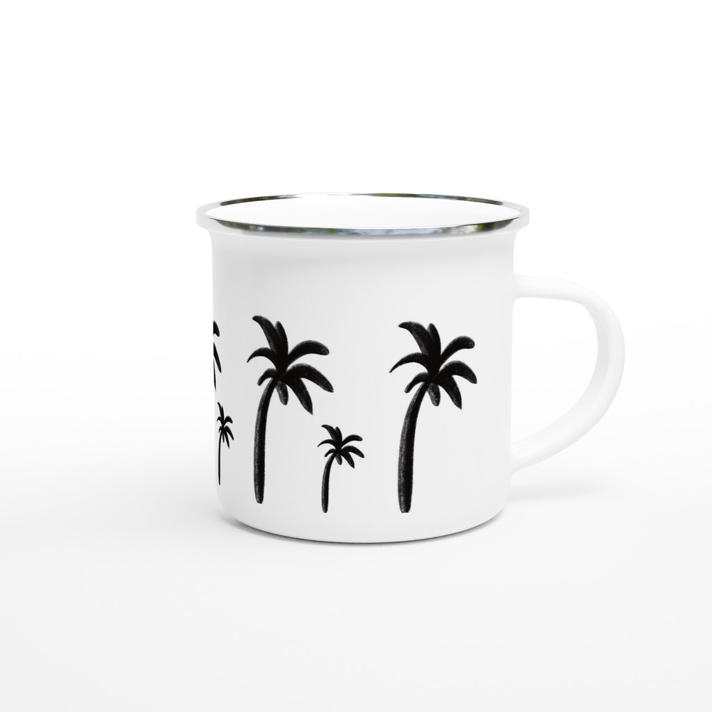 Weiße Emaille-Tasse mit einfachen, kleinen handgezeichneten Palmen