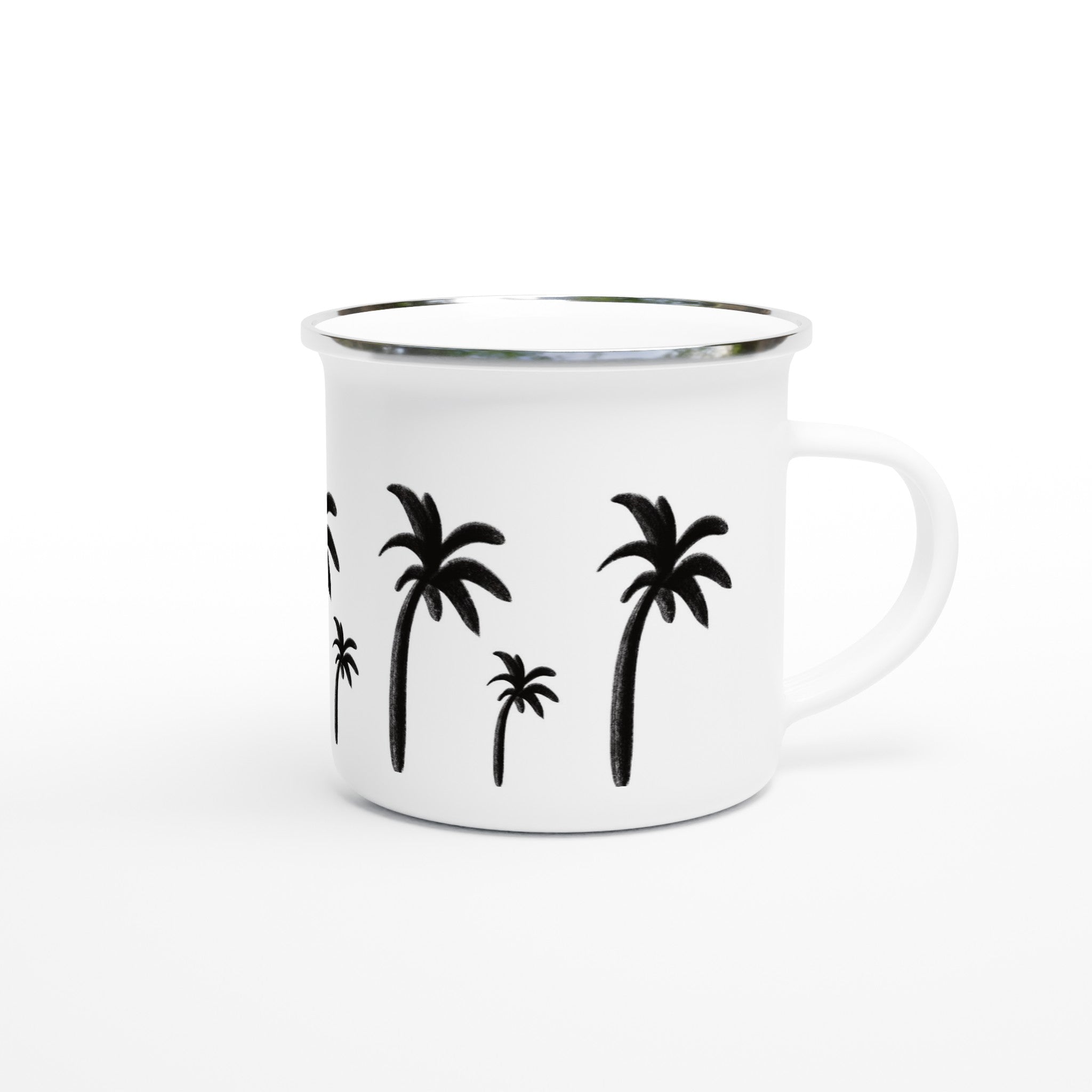 Weiße Emaille-Tasse mit einfachen, kleinen handgezeichneten Palmen
