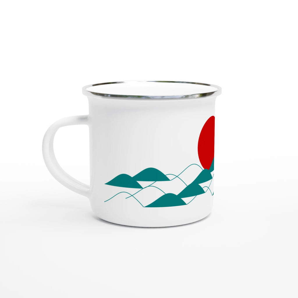 Leichte Emaille-Tasse mit maritimem Küstenmotiv und silbernem Rand