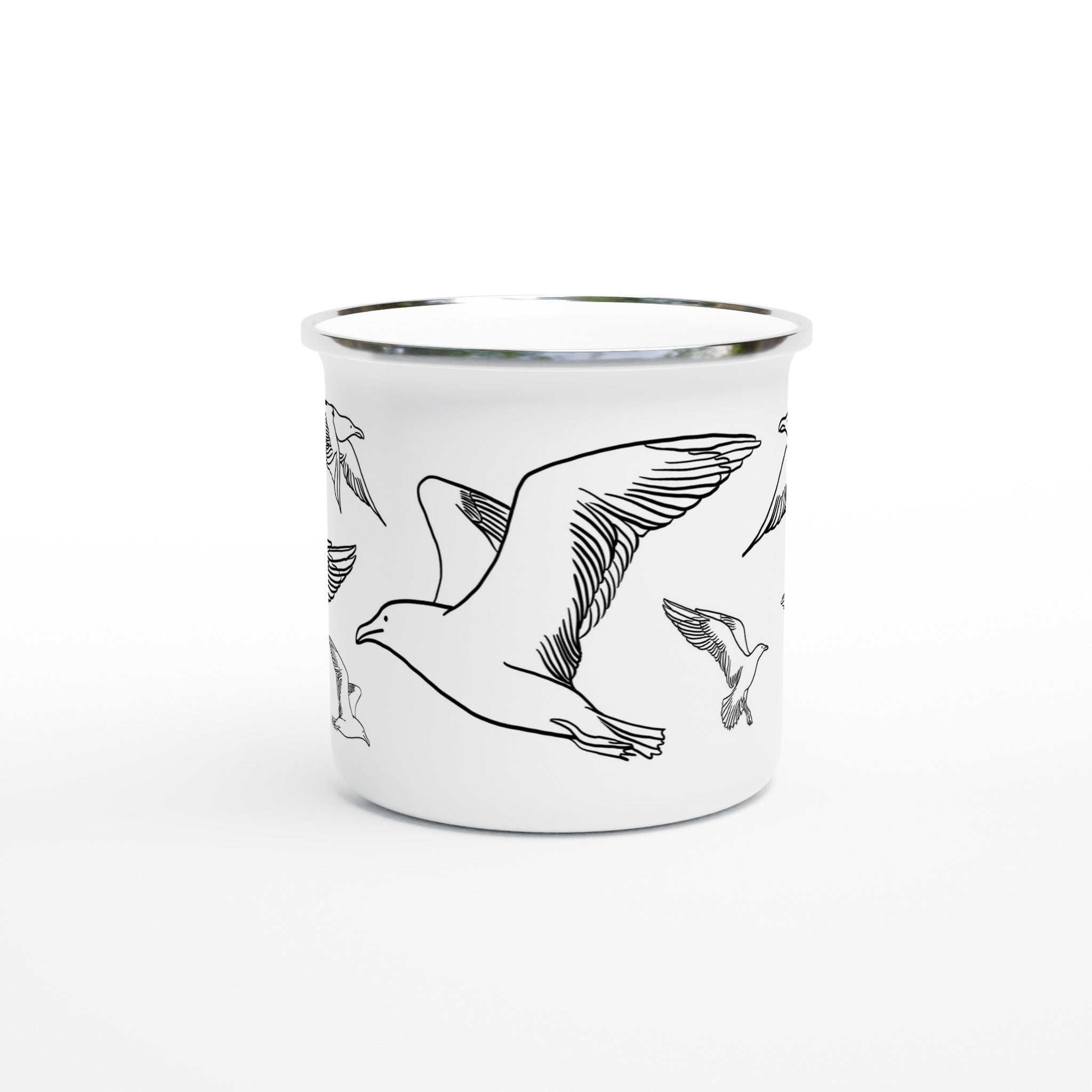 Weiße Emaille-Tasse mit silbernem Rand und Line-Art-Möwen-Motiv