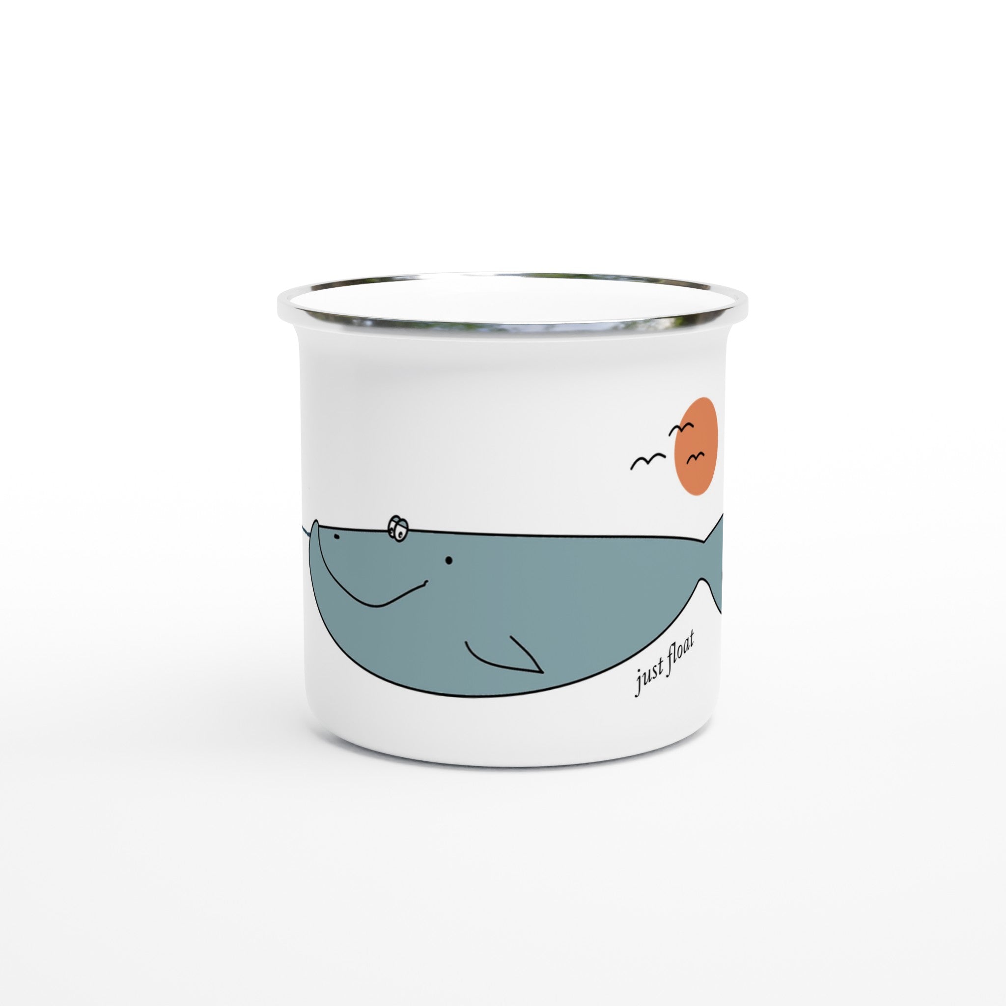 Weiße Emaille-Tasse mit Wal-Motiv im minimalistischen maritimen Cartoon-Stil