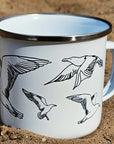 Saevar Seagull - Enamel mug with line art seagull motif, white