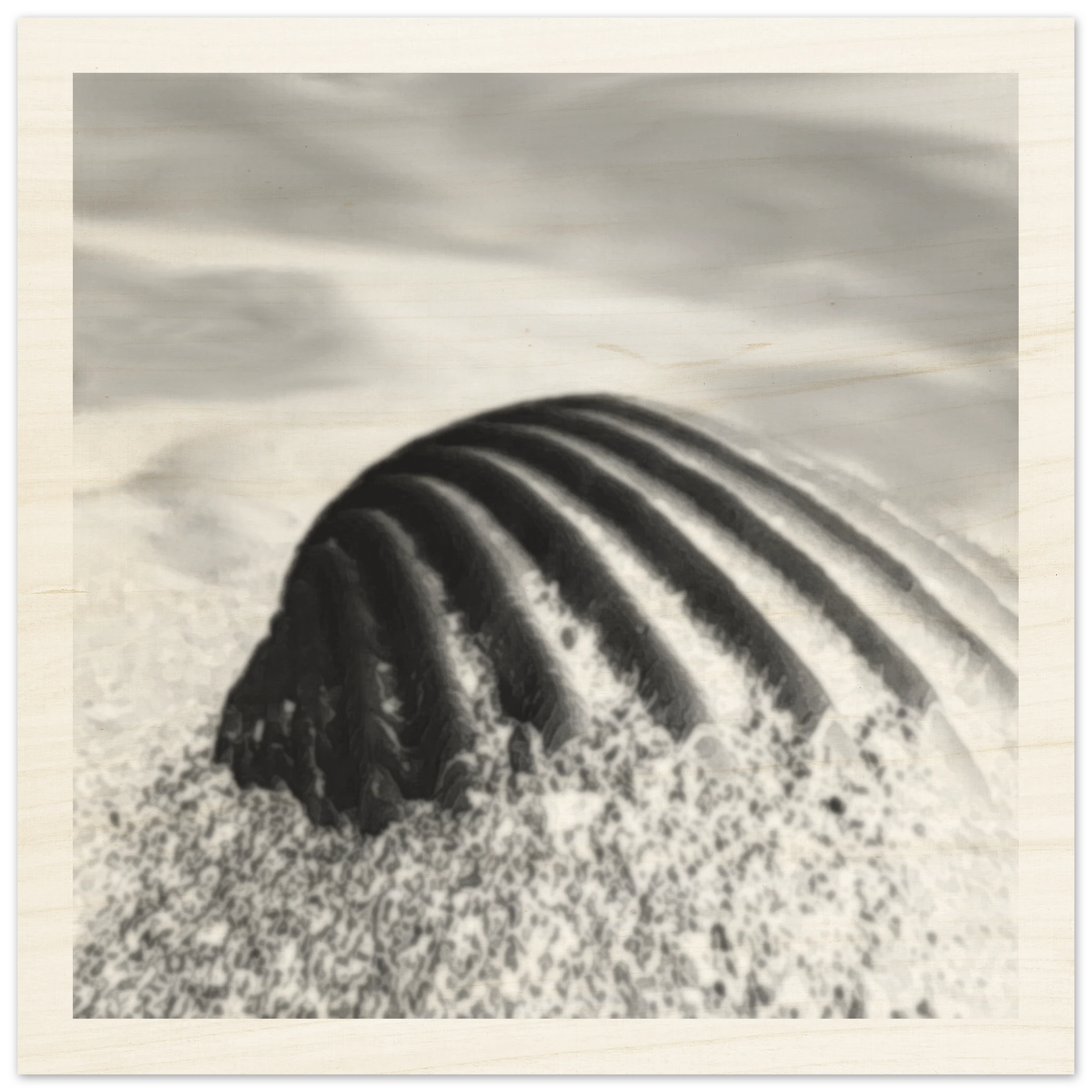 Holzdruck mit leicht unscharfer Muschel im Sand – verträumtes Strandmotiv auf Birkenholz