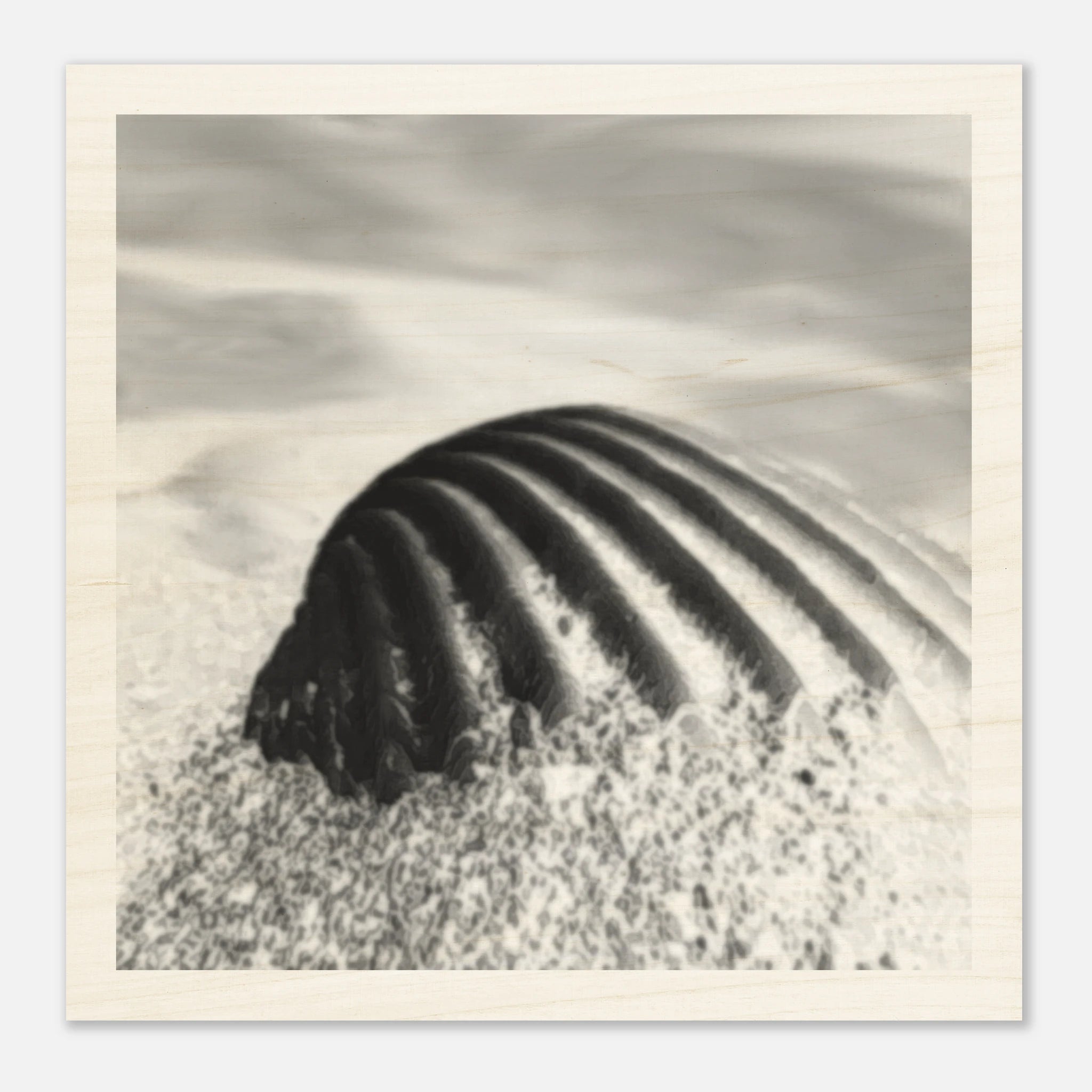 Holzdruck mit leicht unscharfer Muschel im Sand – verträumtes Strandmotiv auf Birkenholz